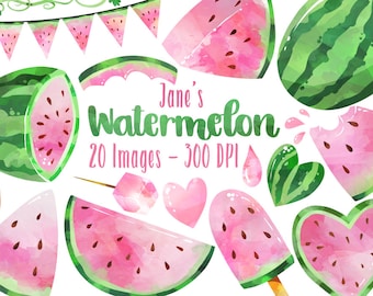 Watercolor Pink Watermelon Clipart - Watermelon Picnic Download - Instant Download - Summer - Juicy - Bunting