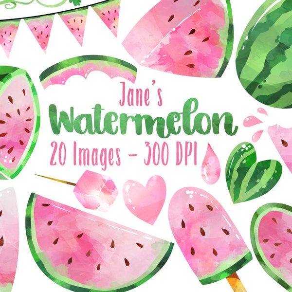 Watercolor Pink Watermelon Clipart - Watermelon Picnic Download - Instant Download - Summer - Juicy - Bunting