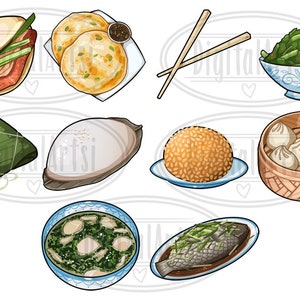 May include: A collection of eight illustrated Chinese food dishes, including a steamed bun, fried dough, dumplings, a bowl of greens, a fish dish, a bowl of soup, a rice ball, and a wrapped rice dish.