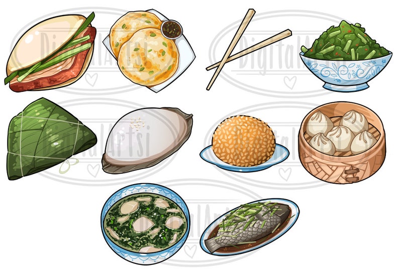 May include: A collection of eight illustrated Chinese food dishes, including a steamed bun, fried dough, dumplings, a bowl of greens, a fish dish, a bowl of soup, a rice ball, and a wrapped rice dish.