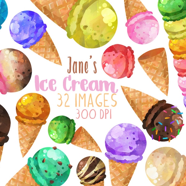 Watercolor Ice Cream Clipart - Dessert Download - Instant Download - Summer Treats - Ice Cream