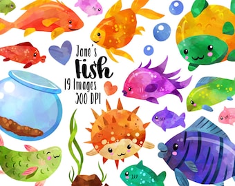 Watercolor Tropical Fish Clipart - Colorful Fish Download - Instant Download - Watercolor Tropical Fish and Fish Bowl