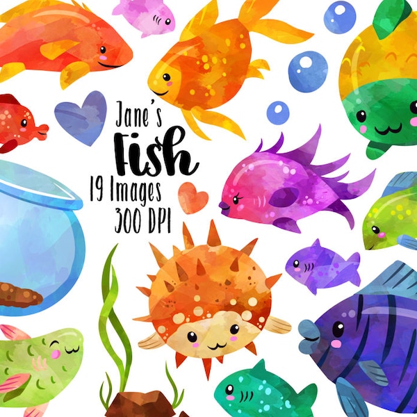 Watercolor Tropical Fish Clipart - Colorful Fish Download - Instant Download - Watercolor Tropical Fish and Fish Bowl