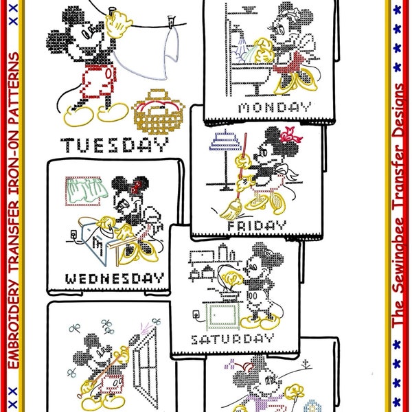 Mickey & Minnie Mouse Tea Towels embroidery transfer pattern DOW # 796 IRON-ON