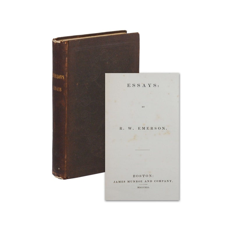 May include: A brown leather-bound book titled "Emerson's Essays" with a white title page that reads "Essays: By R.W. Emerson. Boston: James Munroe and Company."