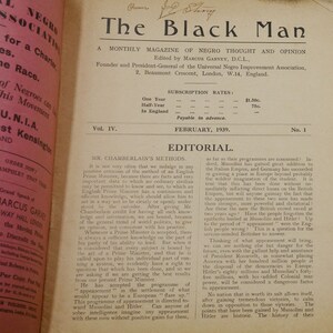 May include: A vintage magazine cover for "The Black Man", a monthly magazine of Negro thought and opinion. The cover features the title in bold black font and the magazine's subtitle in smaller font. The magazine is edited by Marcus Garvey, D.C.L., founder and president-general of the Universal Negro Improvement Association. The cover also includes the volume and issue number, as well as the date of publication: February 1939.