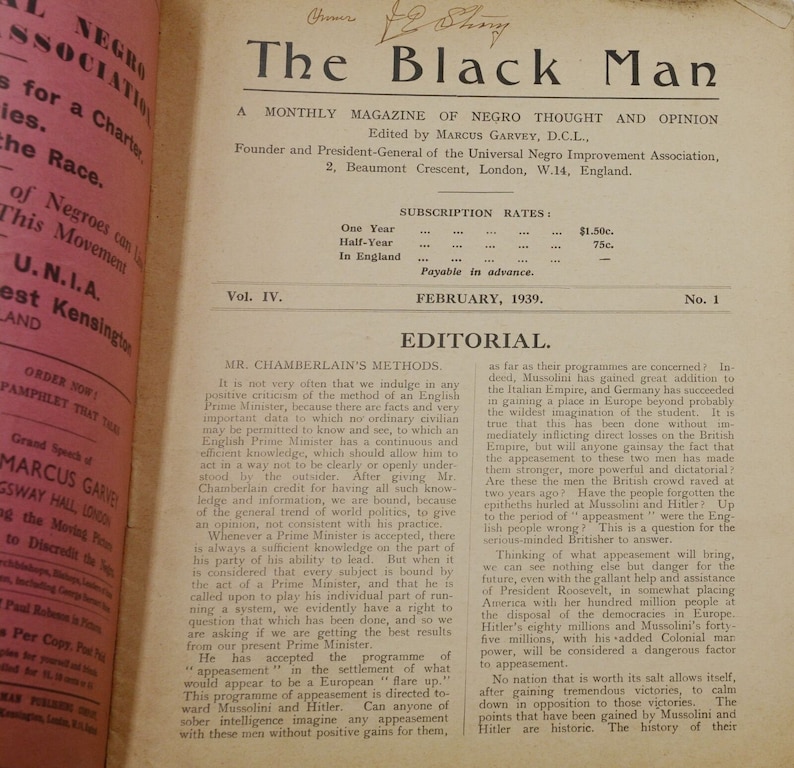 May include: A vintage magazine cover for "The Black Man", a monthly magazine of Negro thought and opinion. The cover features the title in bold black font and the magazine's subtitle in smaller font. The magazine is edited by Marcus Garvey, D.C.L., founder and president-general of the Universal Negro Improvement Association. The cover also includes the volume and issue number, as well as the date of publication: February 1939.