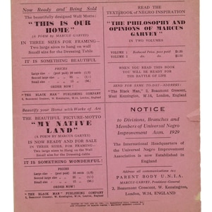 May include: A pink and white poster advertising "The Black Man" publishing company. The poster features the text "This is Our Home" and "My Native Land" in bold, black font. The poster also includes information about the company's address and prices for the publications.