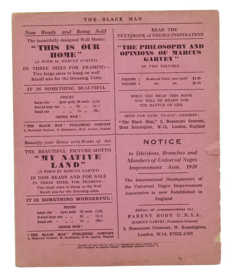May include: A pink and white poster advertising "The Black Man" publishing company. The poster features the text "This is Our Home" and "My Native Land" in bold, black font. The poster also includes information about the company's address and prices for the publications.