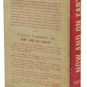 May include: A book cover with a red background and white text. The title of the book is "Now and On Earth" by Jim Thompson. The cover features a quote from Richard Wright, "Here is a document as true and direct as a birth or death certificate. Over and above being well-written, it is an accurate picture of what happens to men and women in our time."