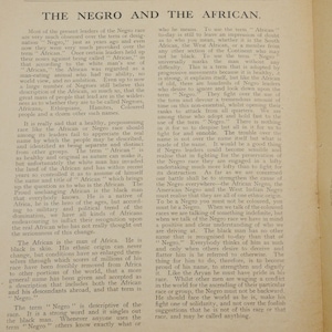 May include: A page from a book titled "The Black Man" discussing the terms "Negro" and "African" and their use in describing people of African descent. The text argues that "Negro" is a more accurate and descriptive term than "African" because it is universally understood and avoids ambiguity.