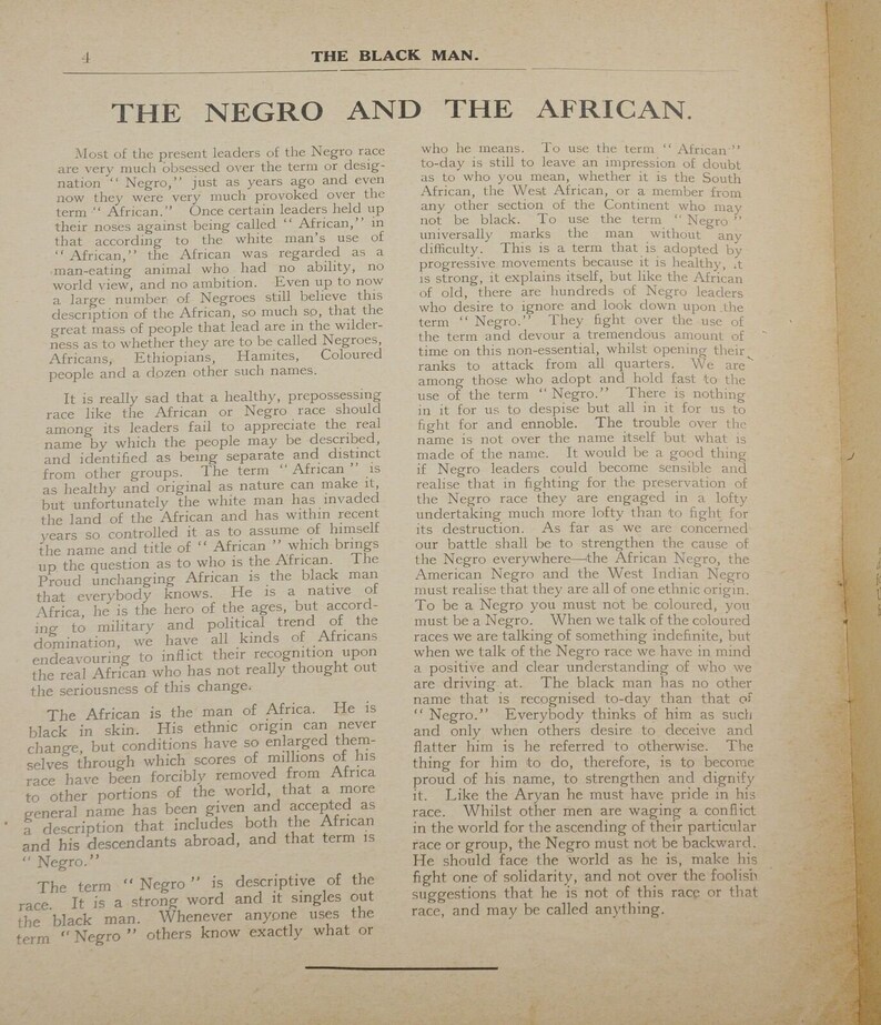May include: A page from a book titled "The Black Man" discussing the terms "Negro" and "African" and their use in describing people of African descent. The text argues that "Negro" is a more accurate and descriptive term than "African" because it is universally understood and avoids ambiguity.