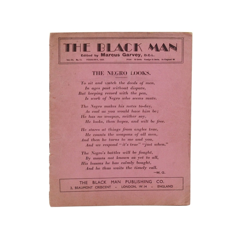 May include: A vintage magazine cover with a pink background and the title "The Black Man" in black text. The magazine is edited by Marcus Garvey, D.C.L. and features a poem titled "The Negro Looks."