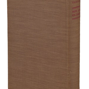 May include: A brown book with the title "Now and On Earth" by Thompson printed on the spine.
