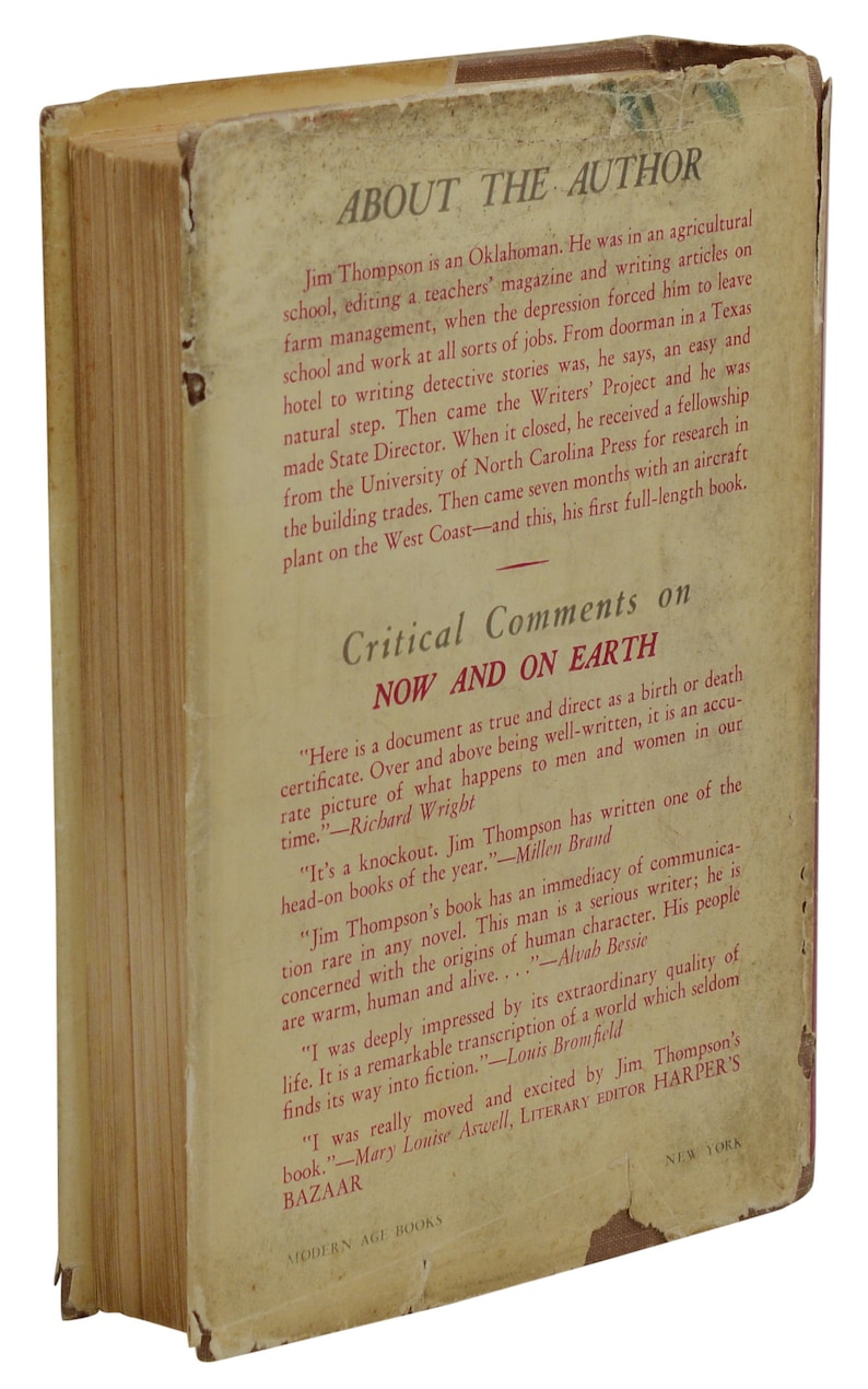 May include: A vintage book cover with a tan background and black text. The title is "Now and On Earth" and the author is Jim Thompson. The back cover features a biography of the author and critical reviews of the book.
