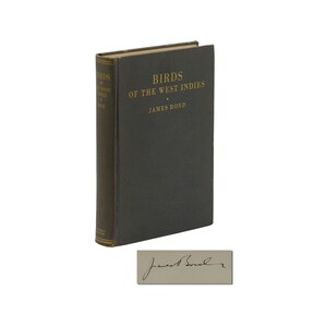 May include: A black hardcover book titled "Birds of the West Indies" by James Bond. The book is signed by the author.