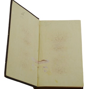 May include: An open book with a brown leather cover. The pages are yellowed with age and there are some small brown spots on the pages. The book is open to a blank page. There is some handwritten text on the inside cover of the book.