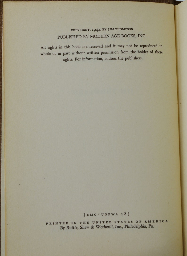 May include: Copyright and publishing information for a book. The text states that the book was published in 1942 by Modern Age Books, Inc. and that all rights are reserved. The text also includes the name of the printer, Ruttle, Shaw & Wetherill, Inc., and the location, Philadelphia, Pennsylvania.
