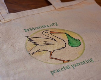DrMomma Peaceful Parenting Stork Baby Grocery Canvas Tote Bag