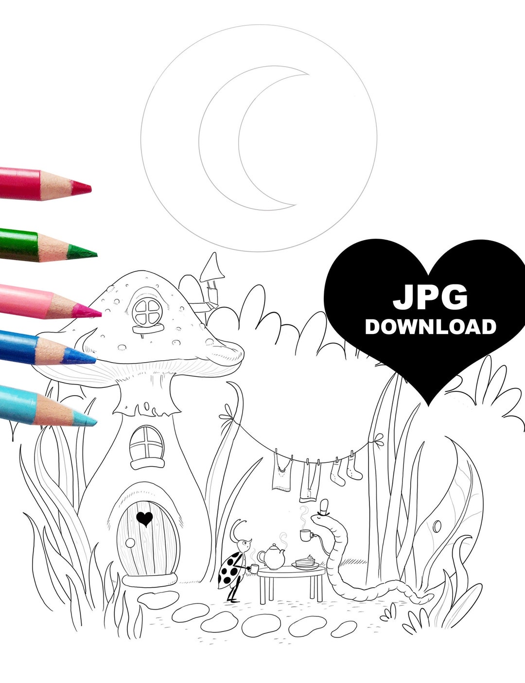 Digital Coloring Page of the Mushroom House JPG - Download Now. Adult ...