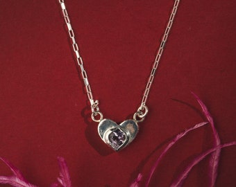 Heartshape gemstone necklace, amethyst stone handmade necklace, heartshaped jewelry with amethyst, handmade sterling silver jewelry