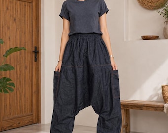 Black Harem Pants Women, Drop Crotch Baggy Trousers with Pockets, Boho Festival Clothing