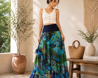 Celeste Navy Blue Tiered Maxi Skirt With Pockets - Sustainable