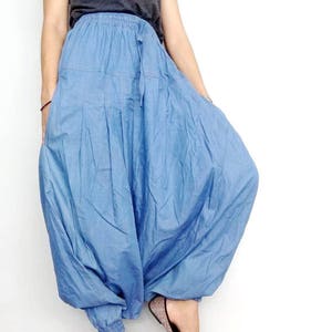 Drop Crotch Harem Pants In Stylish Medium Blue Lightweight Japanese Denim