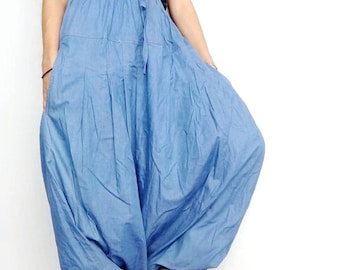 Drop Crotch Harem Pants In Stylish Medium Blue Lightweight Japanese Denim