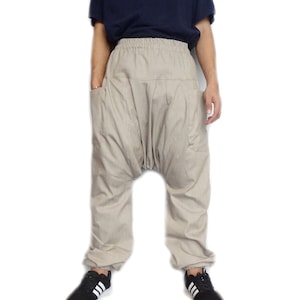 Drop Crotch Harem Comfortable Pants Denim Cotton Beige