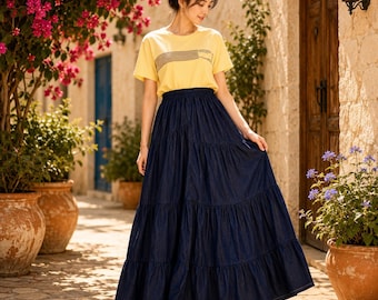 Long Maxi Skirt Ruffle Unique Country Style In Lightweight Japanese Cotton Denim