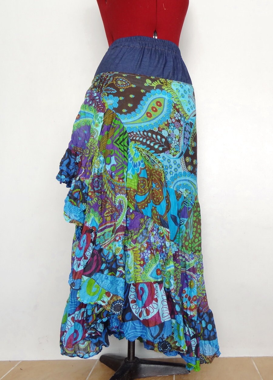 Floral Ruffle Long Skirt OOAK Blue Tone Unique Cotton and - Etsy