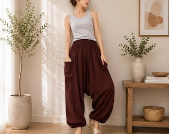 Chocolate Cotton Harem Pants, Boho Drop Crotch Trousers, Yoga Festival Clothing