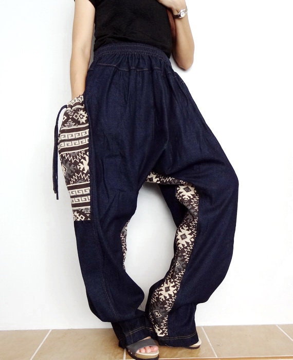 Harem Pants Unisex Patchwork Long Trouser Denim and Hand Woven Etsy