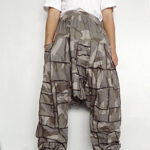 Harem Pantalon Patchwork Drop Crotch Unisexe OOAK Camouflage Coton