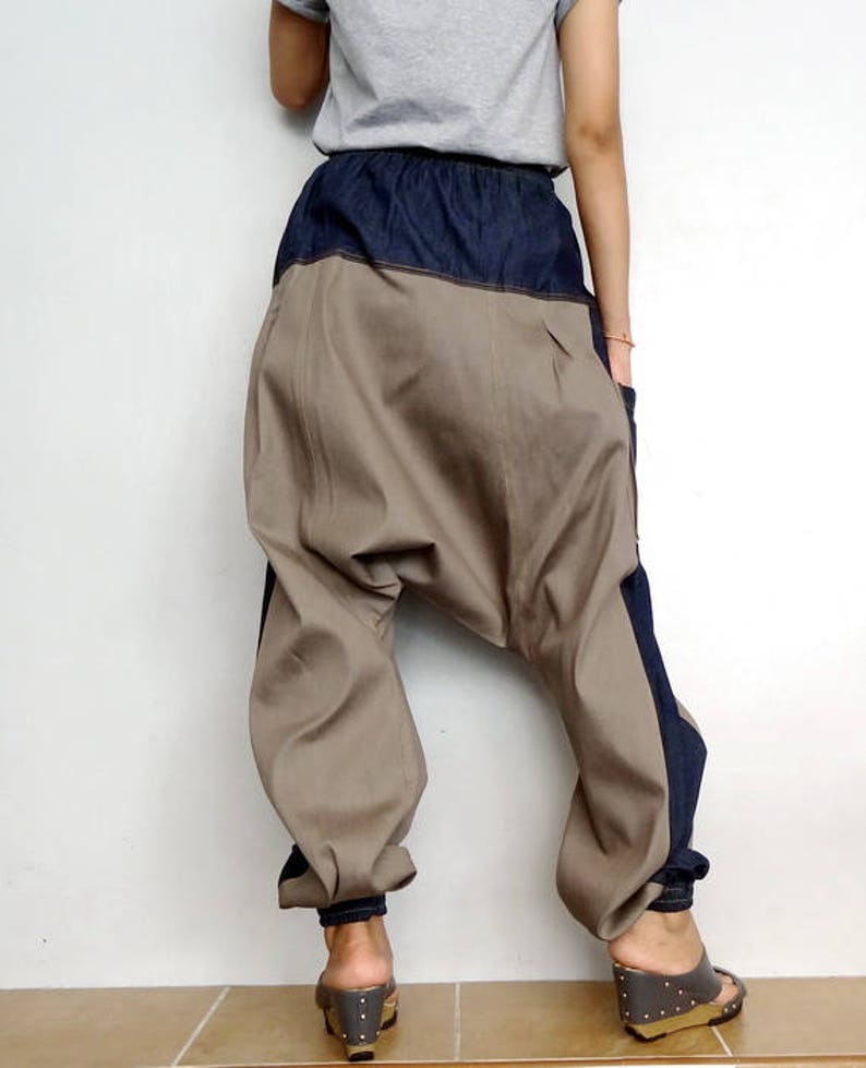 Harem Pants Drop Crotch Cargo Streetwear Twotone Japanese Medium Weight