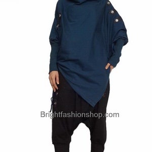 Tunic Tops Asymmetrical Poncho Long Sleeve EMO Punk Sweater, Petrol Blue Cotton Blend (PH-03)