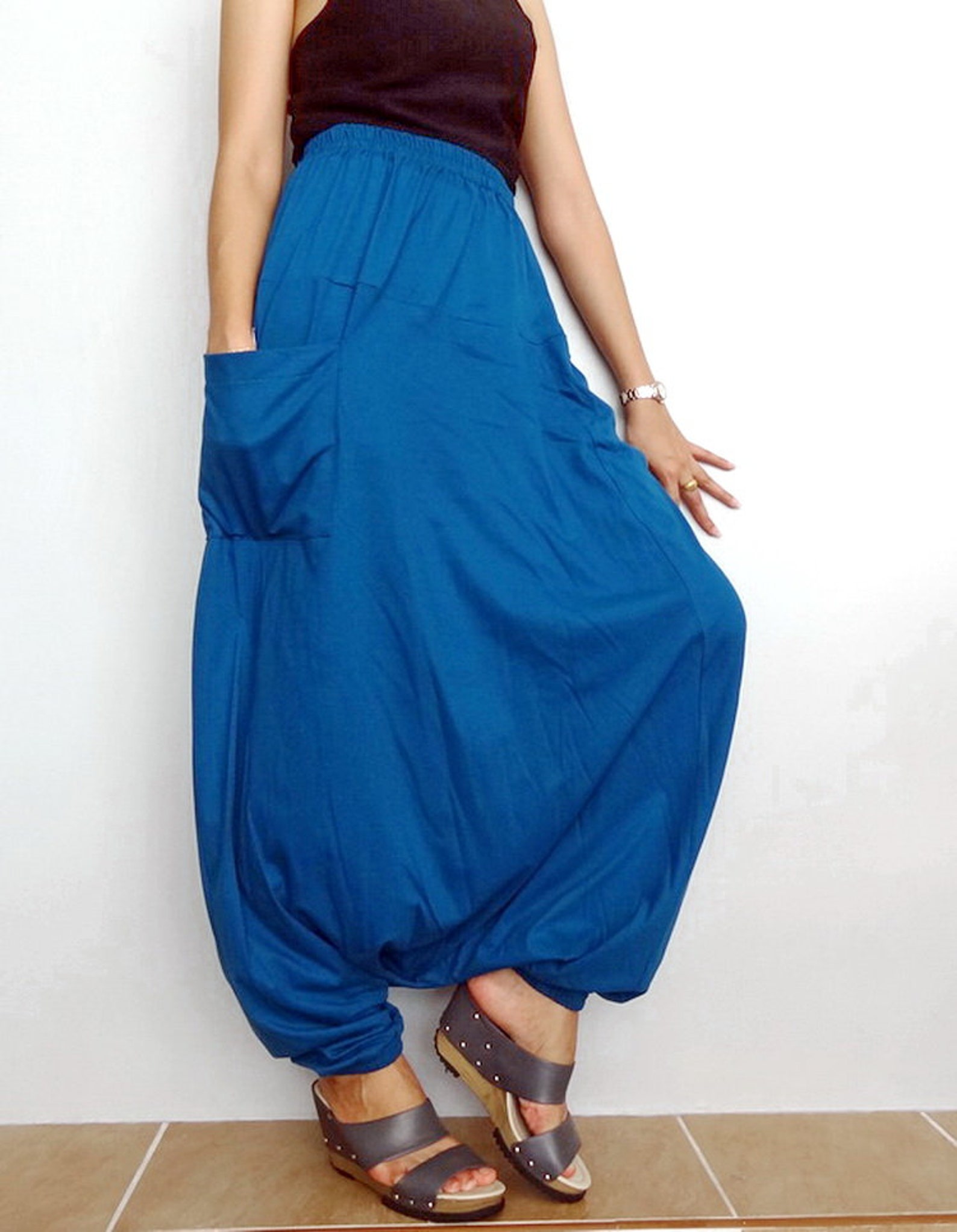 Harem Drop Crotch Pants Unisex Petrol Blue Cotton Blend Etsy