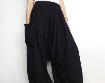 Harem Pants Drop Crotch Unisex Harem Dhoti Pants In Soft Black Cotton Blend Fabric