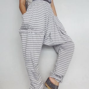 Handmade Harem Pants - Soft Gray Striped Print in Comfy Cotton Blend Fabric - Unisex Casual Wear