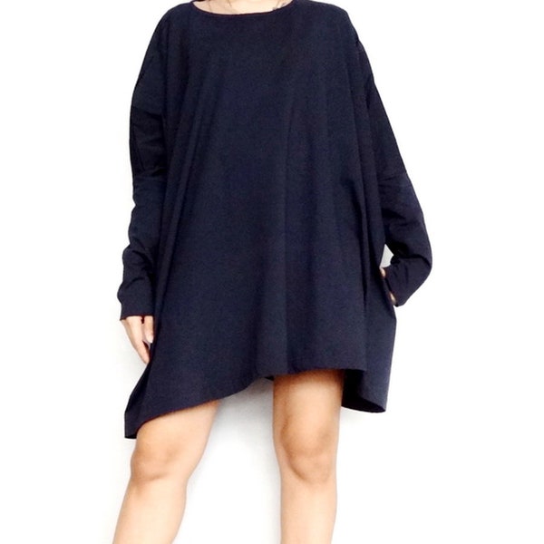 Women Tunic Tops Navy Blue Stylish Long Sleeve Cotton Blend