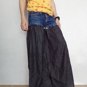 Unique Denim Cotton Ruffle Wide Legs Pants Frayed Black Bell Bottom Style Jeans