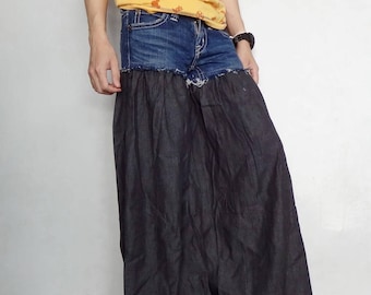 Unique Denim Cotton Ruffle Wide Legs Pants Frayed Black Bell Bottom Style Jeans