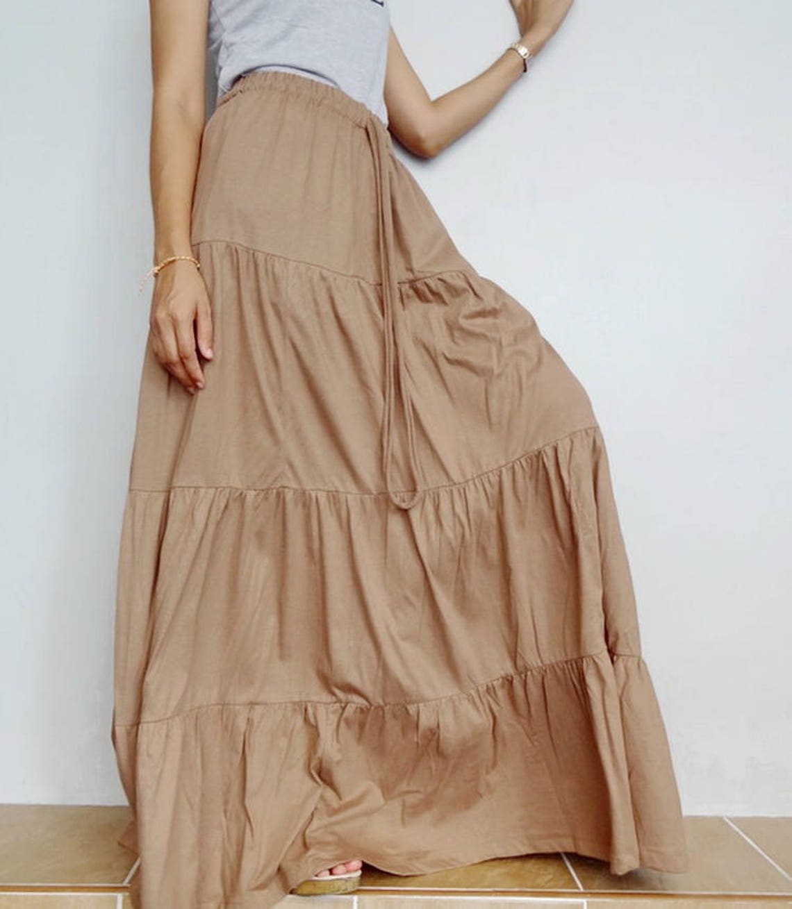 Women Maxi Long Skirt Cotton Blend In Khaki Skirt B5. | Etsy