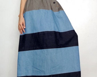 Long Skirt OOAK Patchwork Denim Cotton Meduimweight (Skirt *SQ-02).