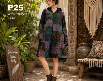 Patchwork Hooded Coat, Bohemian Ethnic Print Zip Up Jacket, Festival Outerwear