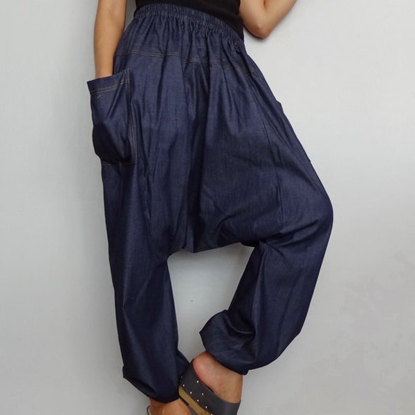 Unisexe Drop Crotch Harem Streetwear Hip Hop Pants In Imported Japonais Léger Dark Blue Cotton Denim