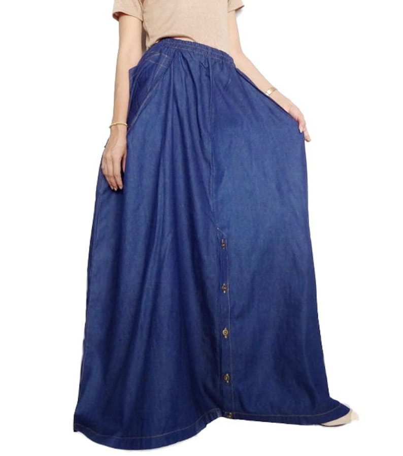 Women Long Skirt Convertible Pants Casual Wide Legs Blue Denim ...