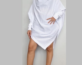 Asymmetrical Poncho Tunic Long Sleeve Unisex Loose tops White Cotton