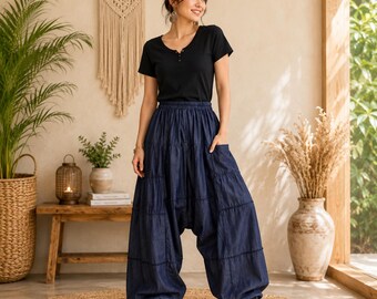 Indigo Harem Pants, Japanese Cotton Boho Baggy Trousers, Wide Leg Alternative Clothing